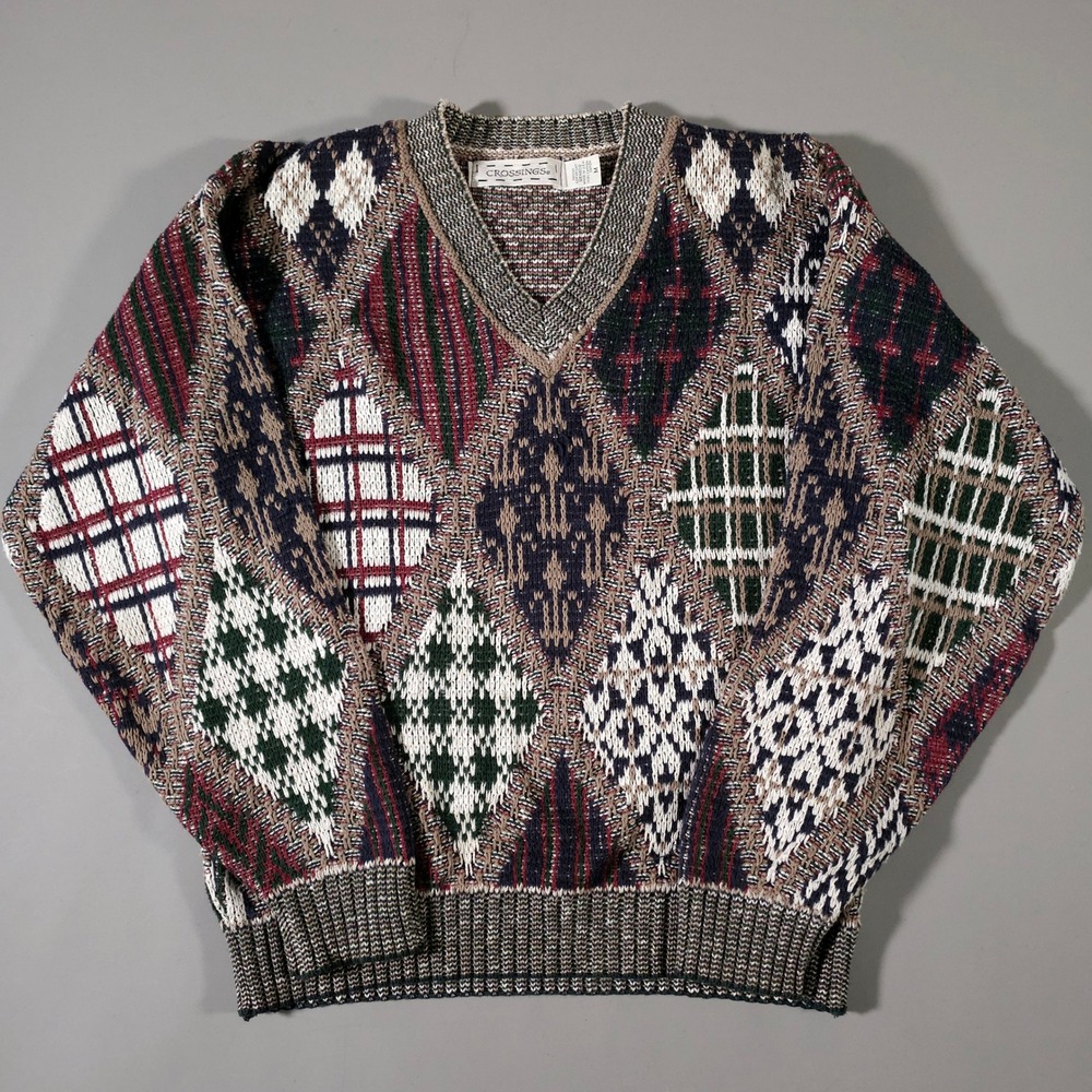 Crossings Sweater Mens Medium Multicolor Argyle Patchwork V-Neck 100% Cotton USA